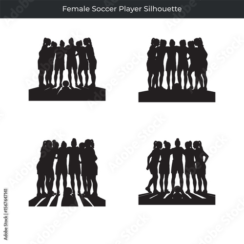 Black silhouettes of female soccer players in team group formations on white backgrounds
