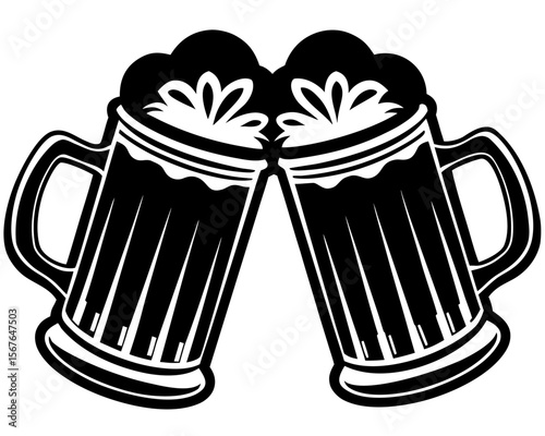 Clinking Beer Mugs in Black and White: Two beer mugs clink in a celebratory toast, rendered in bold black and white vector illustration.
