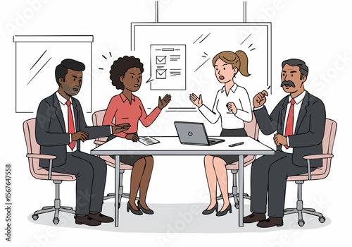 Diverse business people in a meeting discussing or debating, possibly experiencing conflict or disagreement, collaborating on projects in the office.