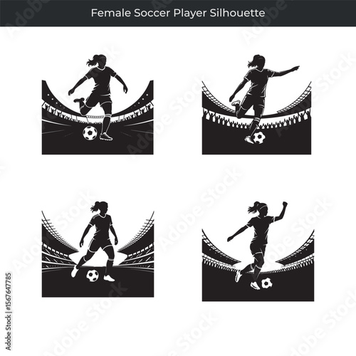 Dynamic black and white female soccer player silhouette in stadium action scenes