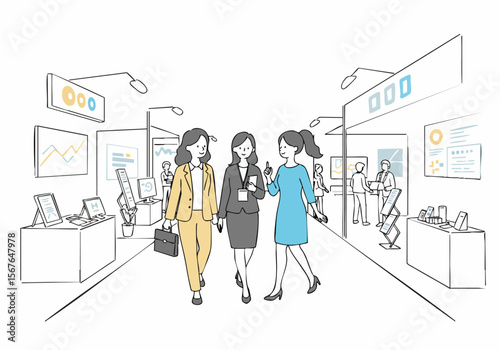 Illustration of three business women walking and talking at a trade show or exhibition, visiting booths and networking.