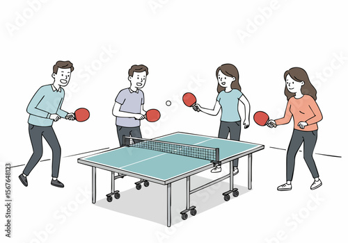 Happy group illustration of men and women playing table tennis doubles, enjoying recreation and leisure time together.