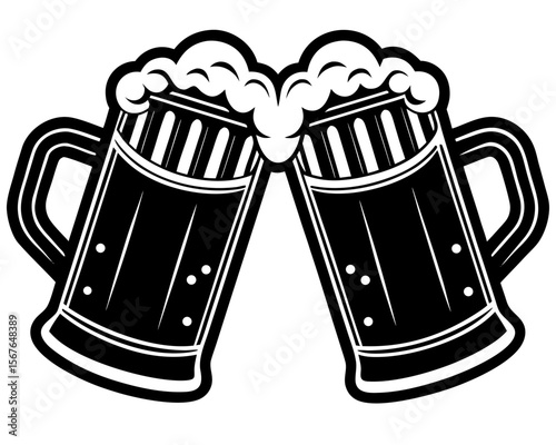 Cheers with Frothy Brews: Two mugs of beer, their frothy tops touching in a gesture of cheers, perfect for capturing the spirit of camaraderie, social gathering.