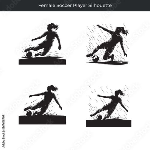 Dynamic black silhouette of a female soccer player performing soccer action and dribbling