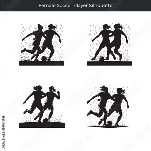 Dynamic silhouette illustrations featuring action shots of female soccer players in various poses