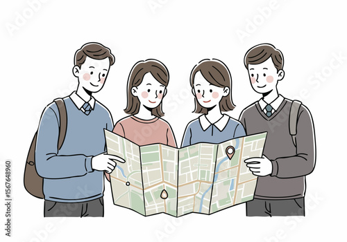 Group of young people or students reading a map together, planning their route or exploring a new place during a trip or education.