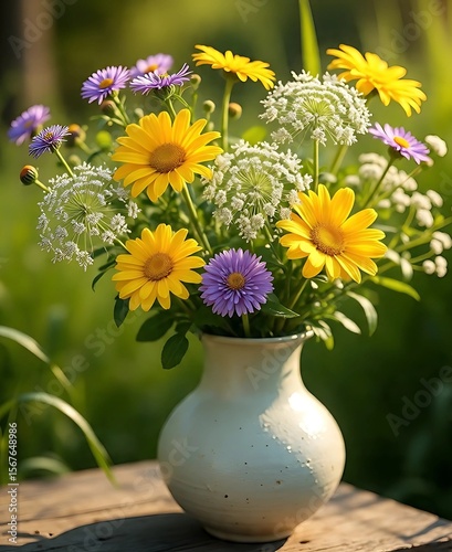 Wallpaper Mural  handcrafted white ceramic vase stands prominently, cradling a whimsical array of garden-fresh blooms. Cheerful yellow daisies, delicate purple cornflowers, and airy Queen Anne's lace intertwine Torontodigital.ca