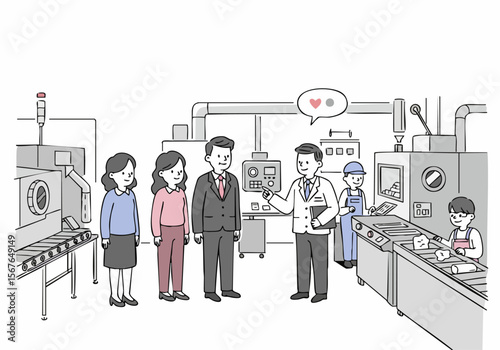 Business executives and supervisors on a factory tour, observing production lines and machinery with workers explaining the process.