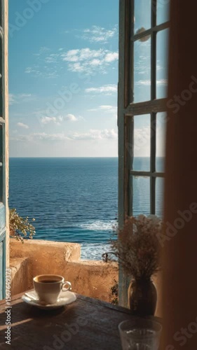 View of the Mediterranean Sea Through an Open Window with Coffee and Glass on the Table
