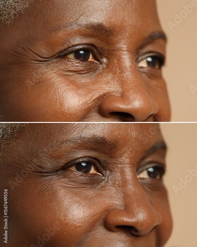 Half face of a black elderly woman Before: There are visible lines under the eyes After: Wrinkles appear to be reduced, skin looks softer