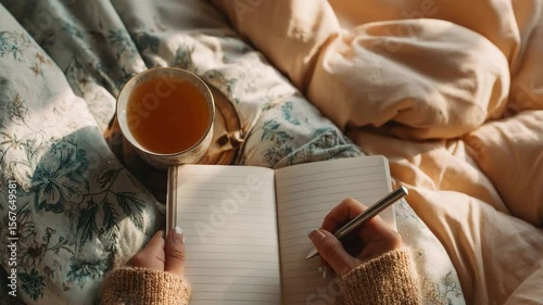 a person journaling in a notebook with a cup of tea nearby
