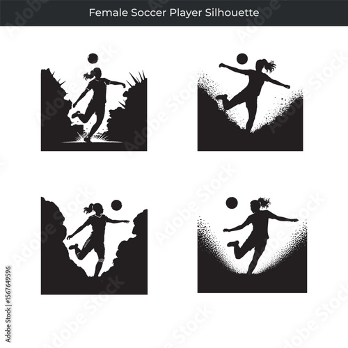 Artistic silhouette illustrations of a dynamic female soccer player kicking the ball in action