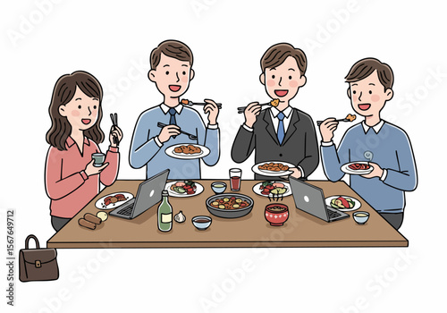 Happy office workers enjoying a meal together during a break, fostering team spirit and camaraderie at the workplace.