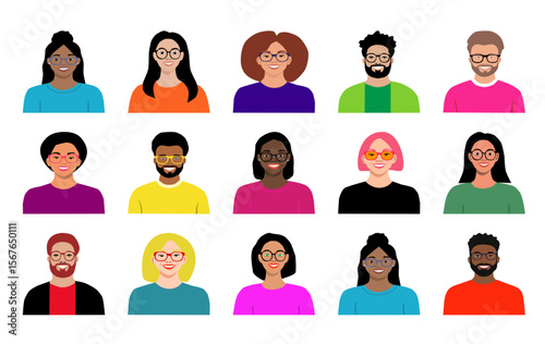Retratos diversos de personas sonrientes con gafas en fondo negro, estilo plano colorido y moderno.