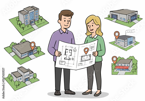 Man and Woman Analyzing Building Plans and Property Locations Illustration