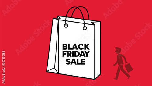 Black Friday Sale:  Bold Graphic Illustration of a Large Shopping Bag and a Walking Man, Red Background, Minimalist Style, Urgent Shopping Mood.