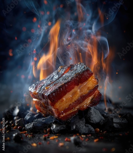 Grilled bacon,  flames, and smoke,  close-up