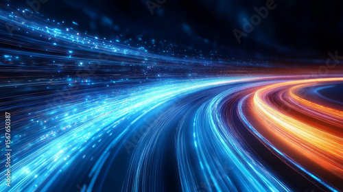 Abstract blue glowing flowing lines technology background