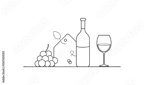 Minimalist line art illustration of a wine bottle glass and grapes on a white background