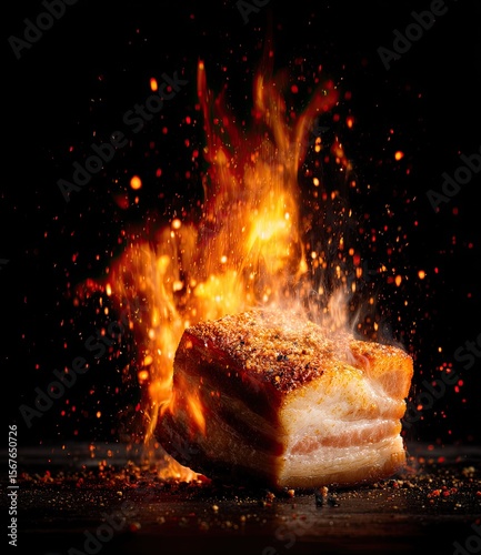 Flamed bacon slices on dark surface, with sparks and fire