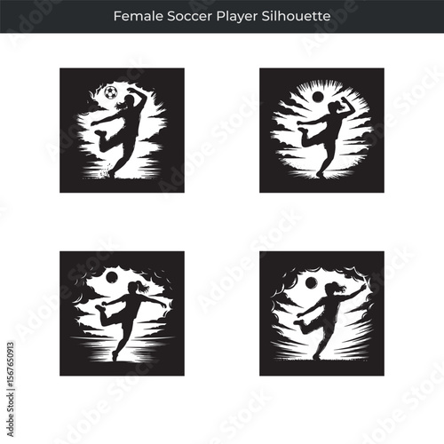 Elegant silhouette illustrations of female soccer player kicking the ball towards a goal