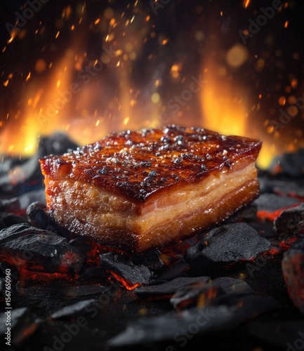 Crispy bacon sizzling on hot coals
