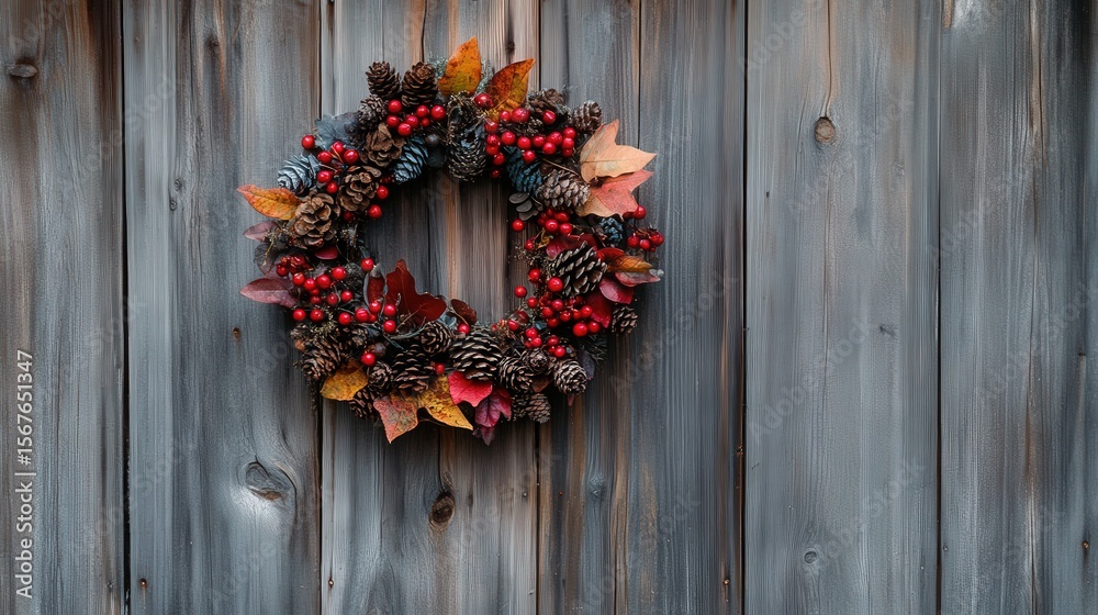 Fototapeta premium Autumn wreath hanging on weathered wooden planks.