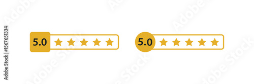 Five Star Rating Bar Vector. Customer Review Score Display with Gold Stars and Numeric Badge for Feedback and Testimonial Graphics