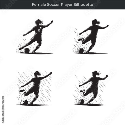 Silhouette of a female soccer player in action kicking the ball on a white background