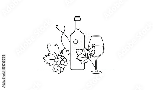 Elegant single line drawing of wine bottle two glasses and grapes