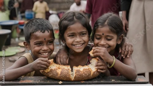 Happy Indian children enjoy food and bread on dirty crowded streets. Social problem of poverty, hunger, and lack of clean, drinking water.