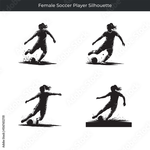 Dynamic silhouettes depicting a female soccer player kicking the ball with energy and power