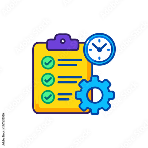 Project management checklist clock and gear symbolize efficient workflow and planning. Suitable for project management blog posts or presentations.