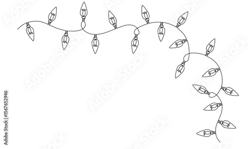 One continuous line drawing of Christmas garland with light bulbs.Christmas ornament string and festive border style eps 10.	
