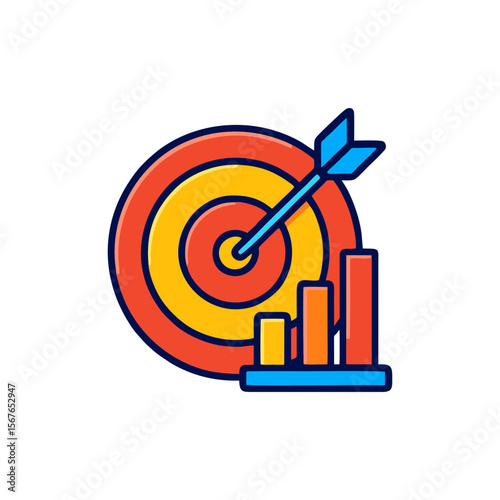 Business target arrow hitting a bullseye target beside a soaring bar graph, ideal for illustrating successful business strategies and achievements.