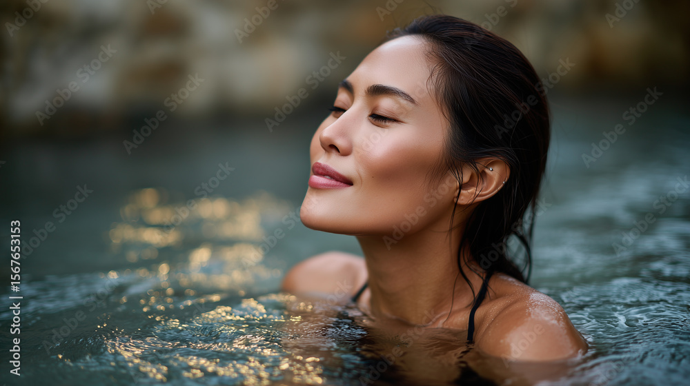 Obraz premium Peaceful moment of an Asian woman in an outdoor hot spring