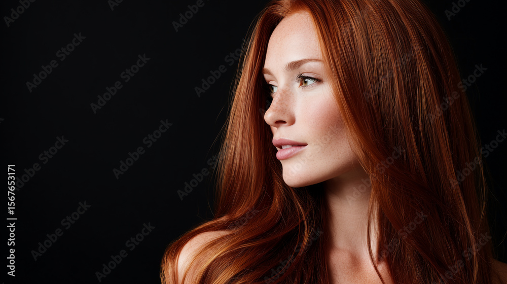 Fototapeta premium Woman with long shiny red hair posing for beauty ad