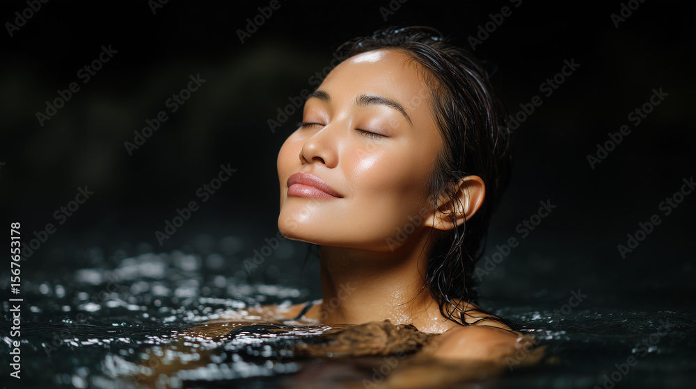 Obraz premium Peaceful moment of an Asian woman in an outdoor hot spring