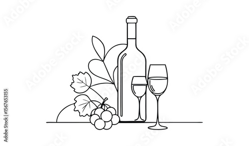 Elegant line art illustration of wine bottle glasses and grapes with leaves