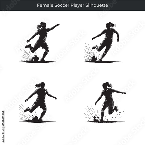 Dynamic black silhouette of a female soccer player kicking a ball with energy and power