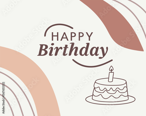 Minimalist happy birthday greeting card with cake and candle featuring abstract pastel shapes