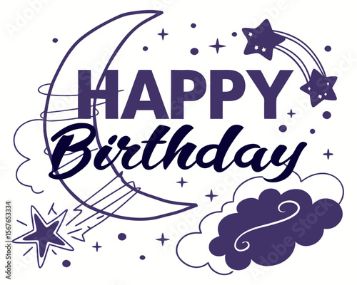 Happy birthday greeting with a crescent moon shooting stars clouds and sparkling dots in a whimsical night sky theme