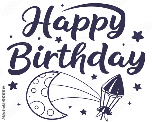 Happy birthday greeting with a whimsical rocket ship flying past a crescent moon and stars