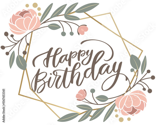 Elegant floral wreath with delicate pink flowers and green leaves framing happy birthday calligraphy