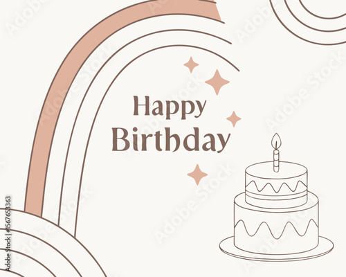 Bohemian style happy birthday greeting card with a two tiered cake and candle and abstract rainbow elements