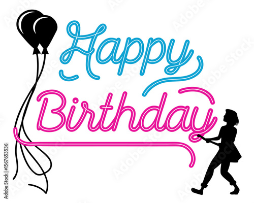 Joyful birthday celebration with neon lights balloons and silhouette of a person pulling a banner