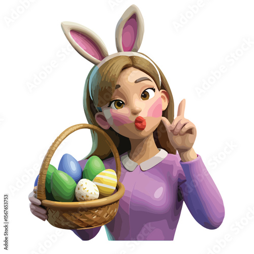 Charming 3d woman character with bunny ears holding a colorful egg basket, ideal for Easter sales, party flyers, or seasonal decor visuals.