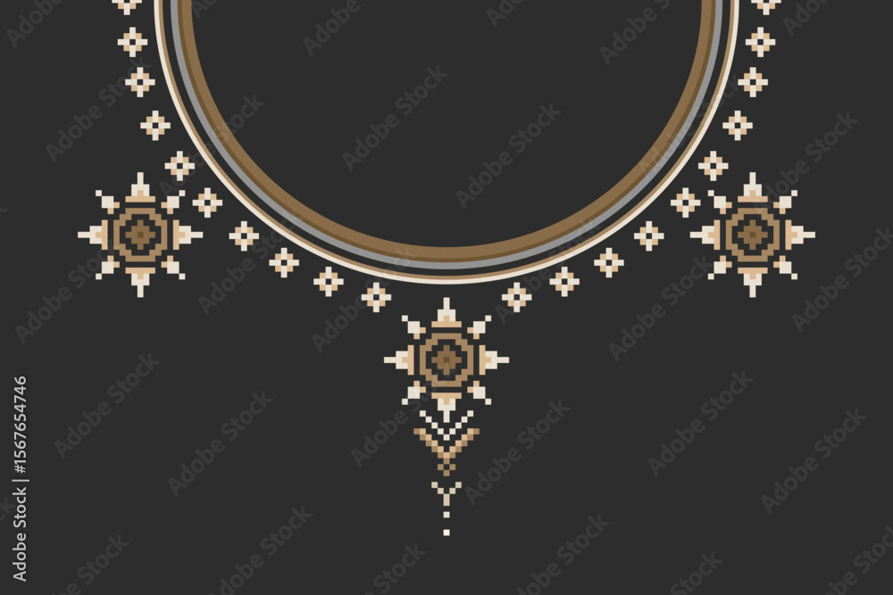 Fototapeta premium Pixel collar ornament with symmetrical star shapes in bronze and cream tones. Perfect for shirt design, embroidery pattern, or fashion template in ethnic-modern style.