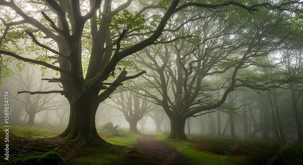 Fototapeta premium Enchanting misty forest landscape featuring towering trees and subtle greenery