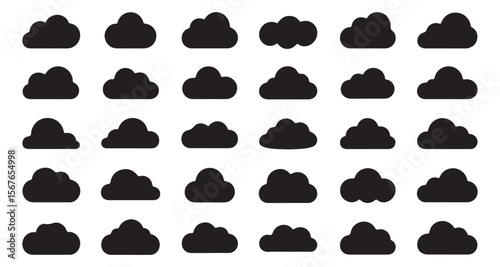 Collection of Diverse Cloud Silhouettes Against a White Background for Weather Forecasts and Graphic Design Elements